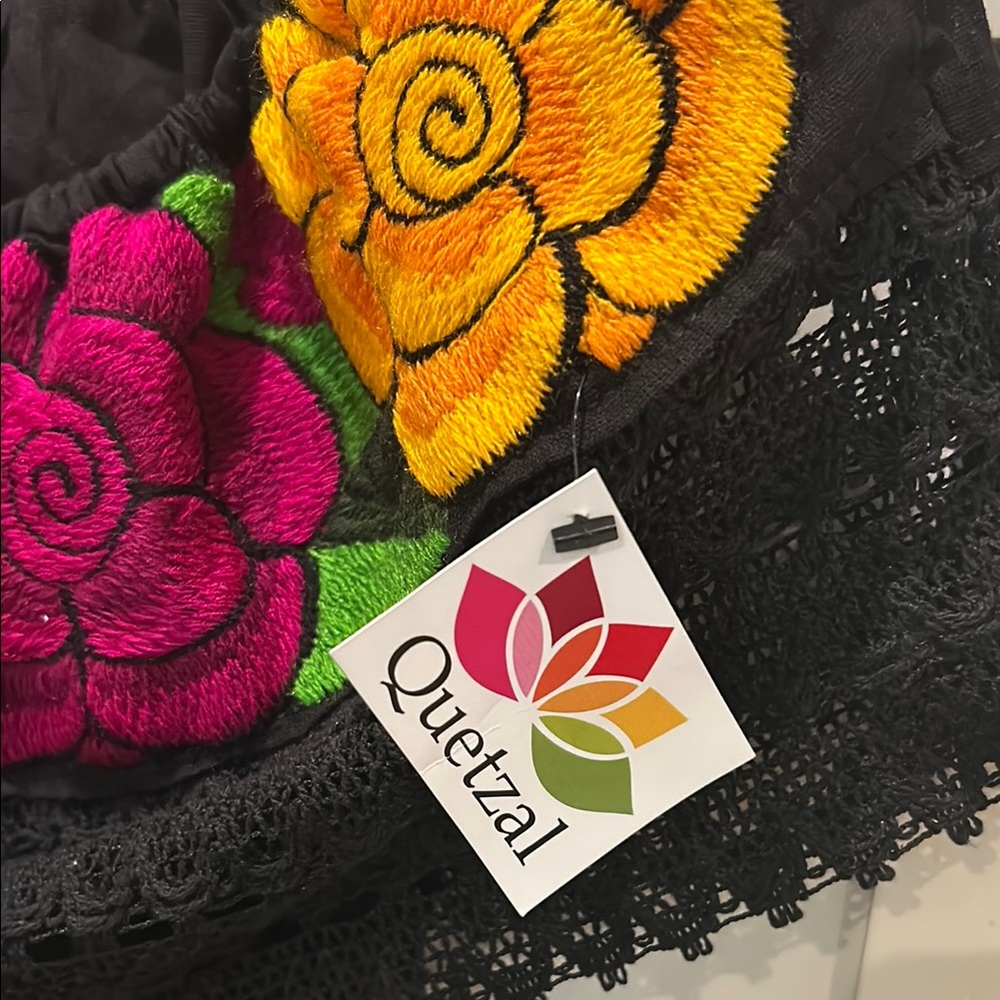 Hand-Embroidered Black Off-Shoulder Floral Blouse - Picture 2 of 4